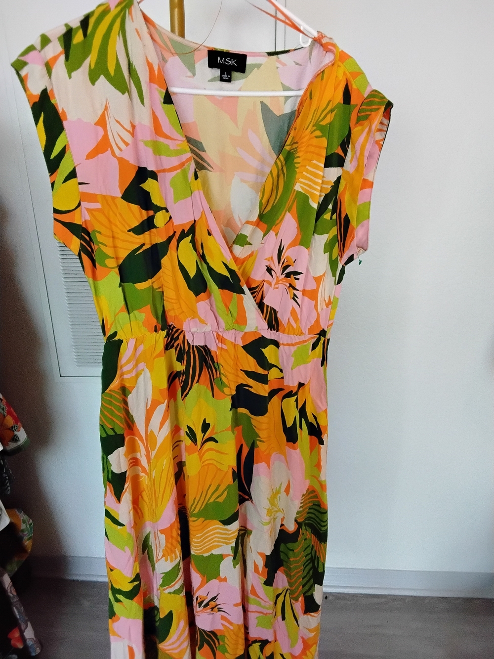 MSK Pink, Yellow & Green Tropical Print V-Neck Maxi Dress